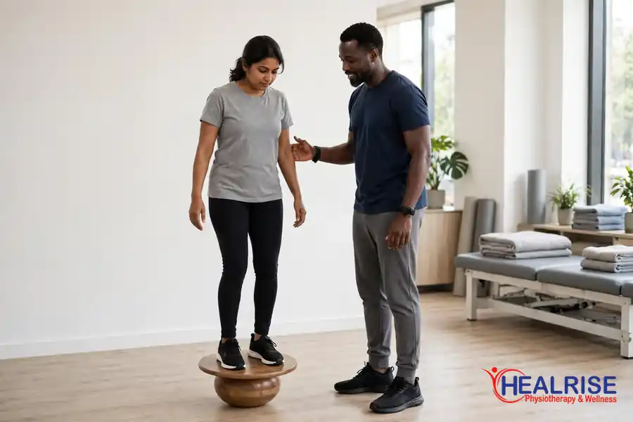 Patient practicing a balance board exercise with physiotherapist guidance for ankle sprain rehabilitation