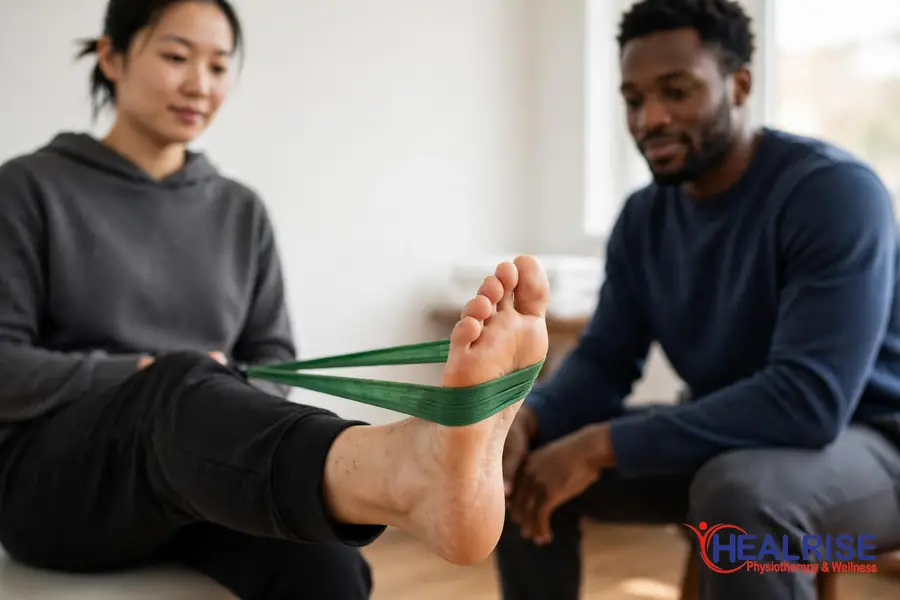 Patient doing an ankle resistance band exercise to rebuild strength after an ankle sprain