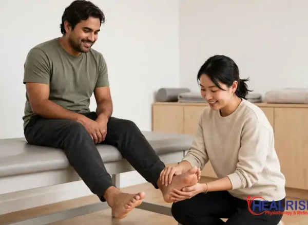 Physiotherapist gently checking a seated patient's ankle movement during ankle sprain physiotherapy in Morinville