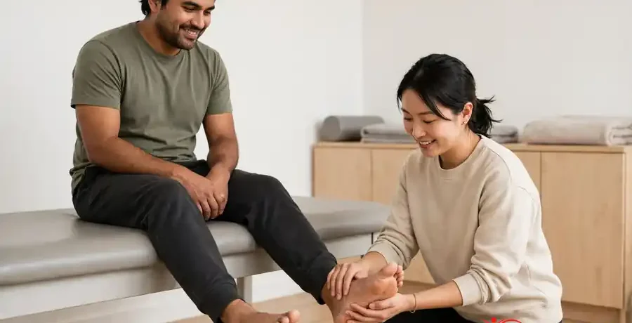Physiotherapist gently checking a seated patient's ankle movement during ankle sprain physiotherapy in Morinville