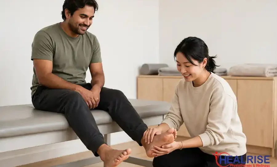 Physiotherapist gently checking a seated patient's ankle movement during ankle sprain physiotherapy in Morinville