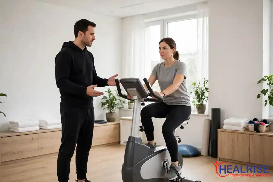 Patient doing low impact stationary bike exercise for arthritis with physiotherapist nearby at Healrise