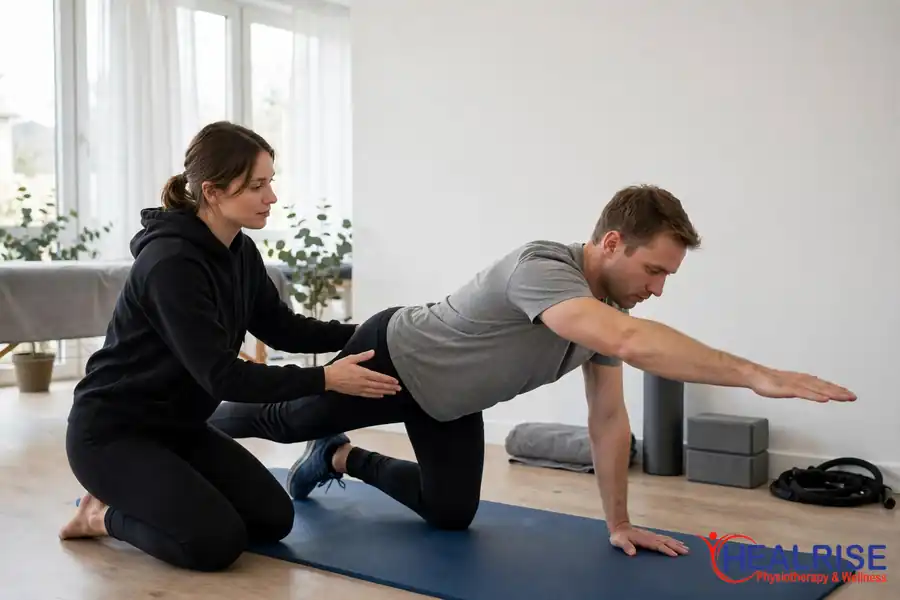 Physiotherapist guiding core strengthening exercise for back pain relief