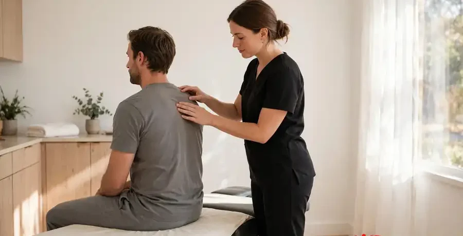 Chiropractic care in Morinville: chiropractor gently assessing a patient's back at Healrise