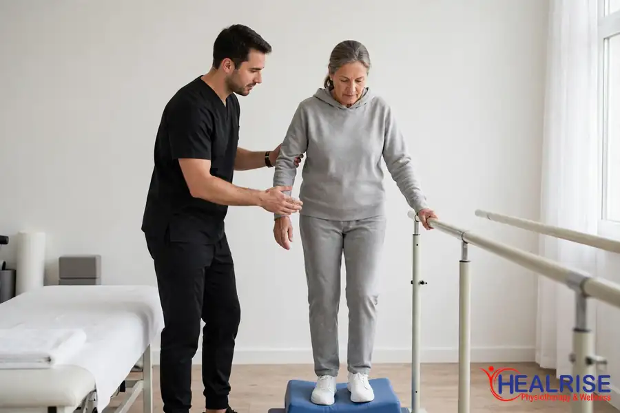 Patient doing gentle balance training with physiotherapist support during concussion rehabilitation