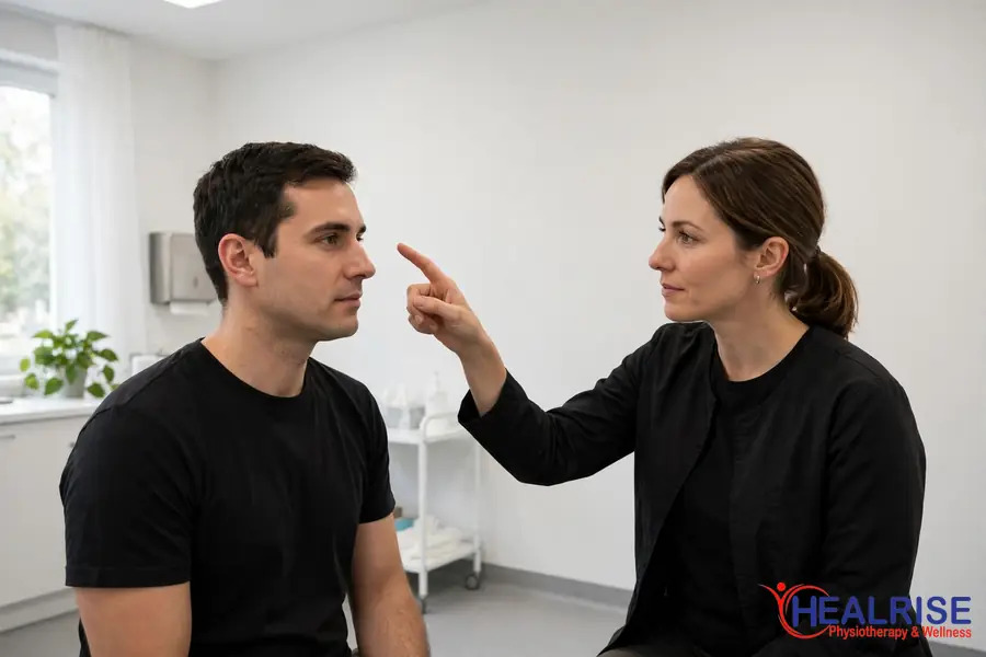 Patient doing guided eye tracking exercises during concussion rehabilitation