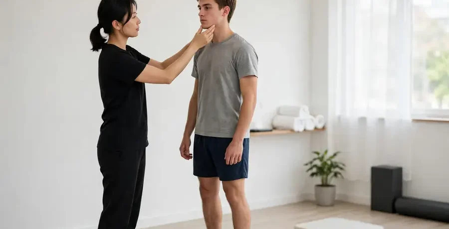 Concussion rehabilitation in Morinville assessment of a young athlete neck and balance at Healrise Physiotherapy