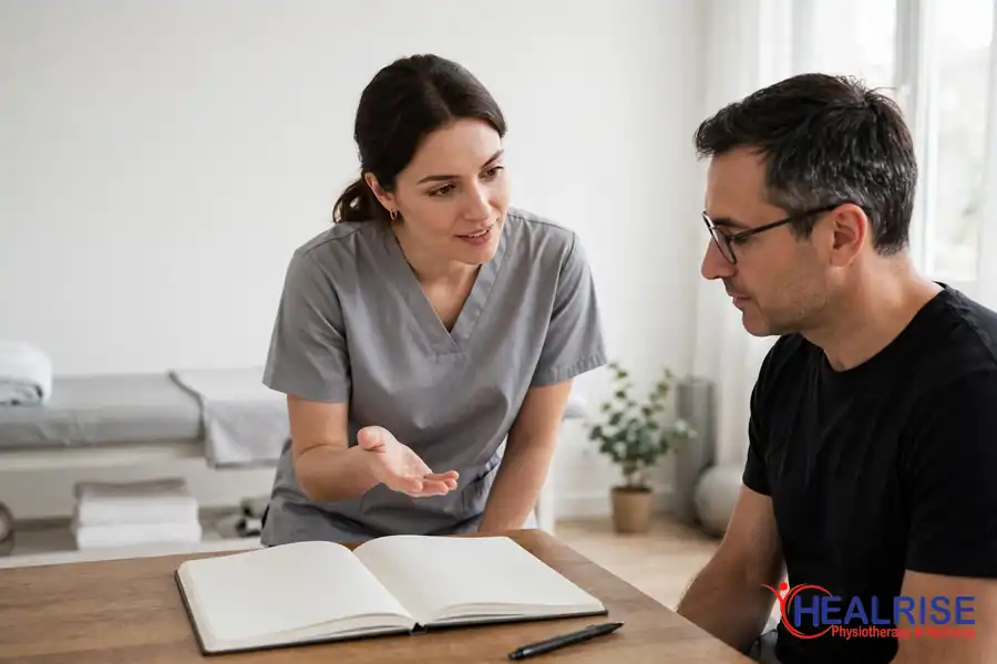 Physiotherapist explaining a blank headache diary notebook to a patient