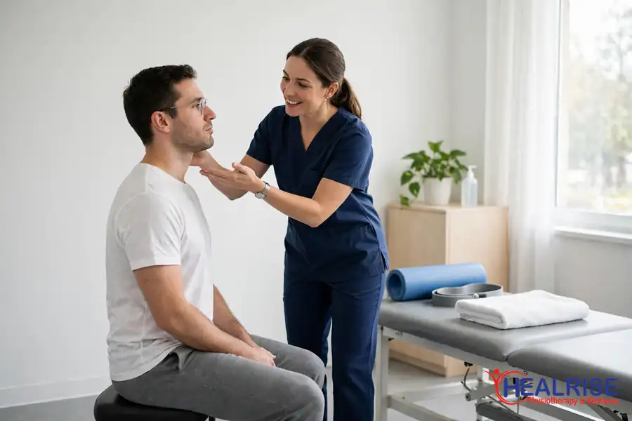 Patient doing guided neck and posture exercises for headache relief