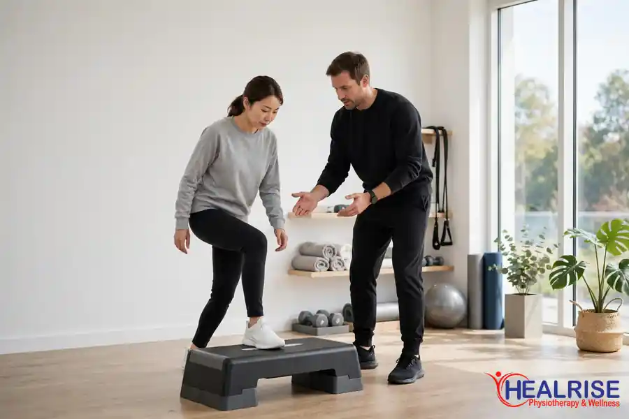 Patient doing a knee strengthening exercise with a physiotherapist at Healrise Physiotherapy in Morinville