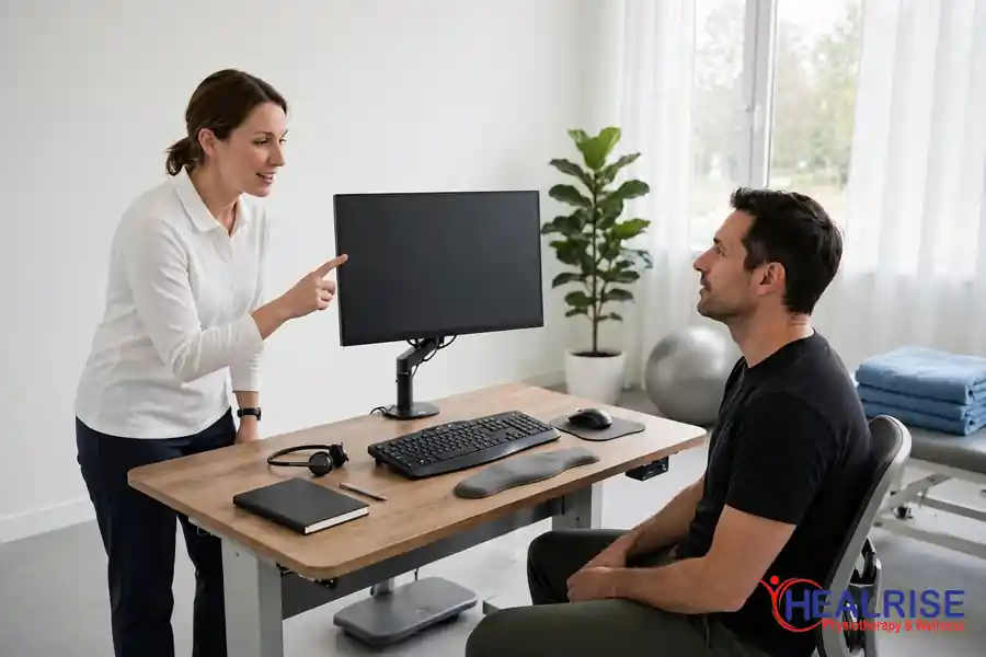physiotherapist showing a patient an ergonomic desk and screen setup for neck pain