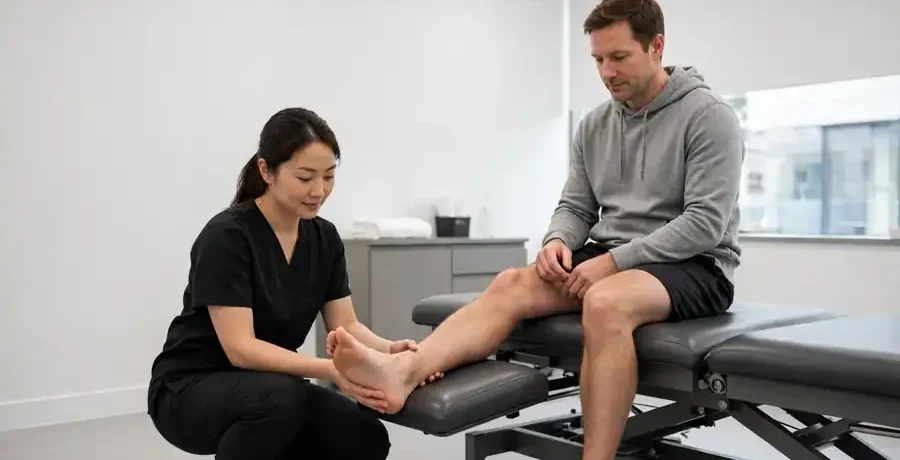 custom orthotics in Morinville physiotherapist examining a patient foot and ankle at Healrise