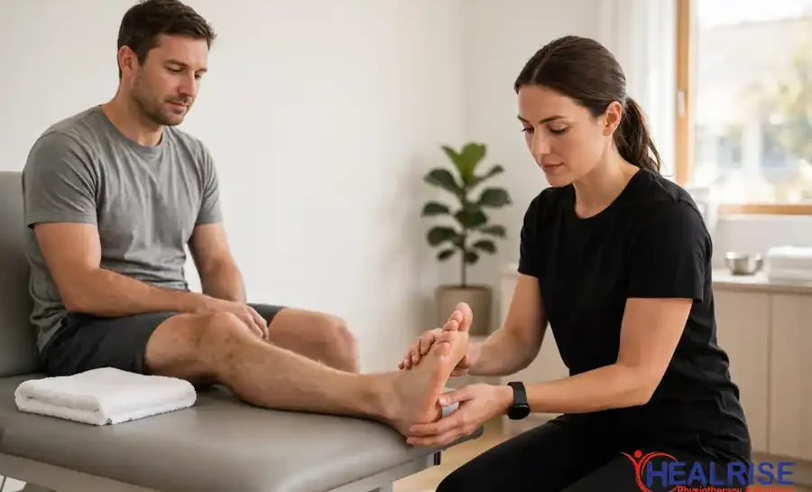 Plantar fasciitis treatment in Morinville physiotherapist examining a patient foot and heel at Healrise