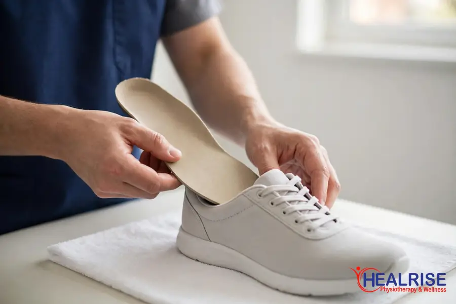 Therapist fitting a custom orthotic insole into a shoe