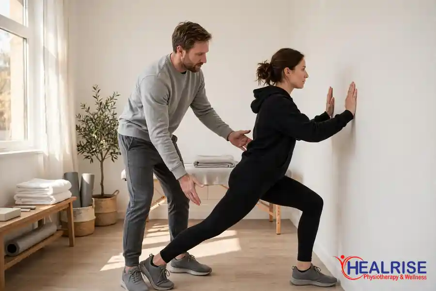 Patient doing a guided calf stretch against a wall for heel pain