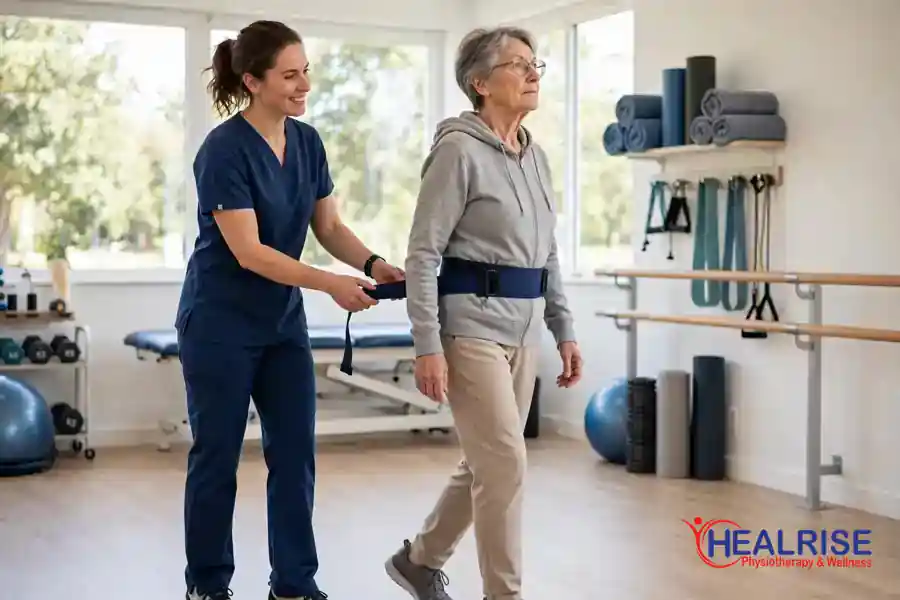 Physiotherapist guiding a senior through walking and balance training at Healrise Physiotherapy in Morinville