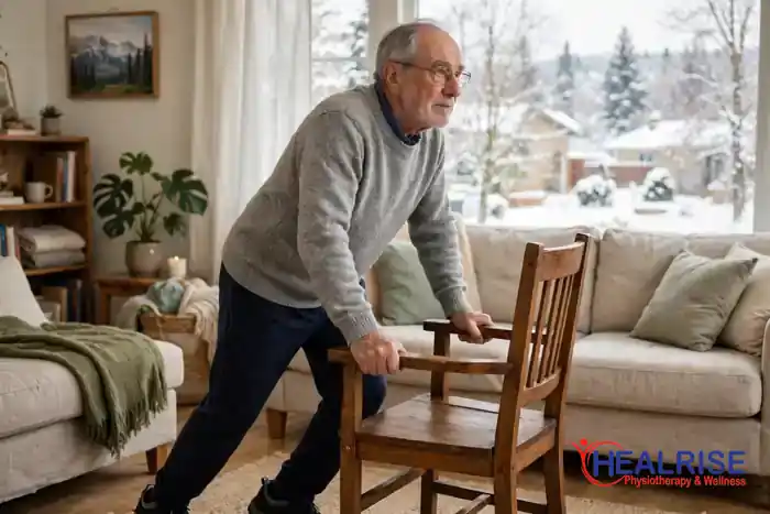 Senior man doing sit-to-stand exercises at home to build leg strength