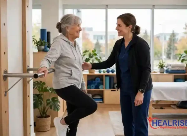 Physiotherapy for seniors in Morinville: balance training with a physiotherapist at Healrise