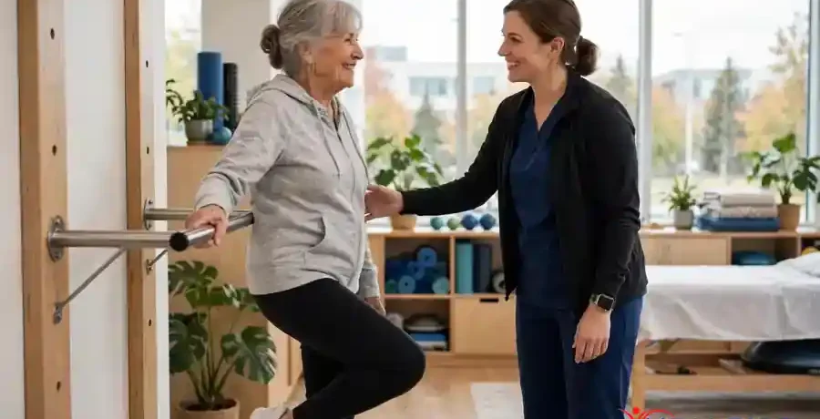 Physiotherapy for seniors in Morinville: balance training with a physiotherapist at Healrise