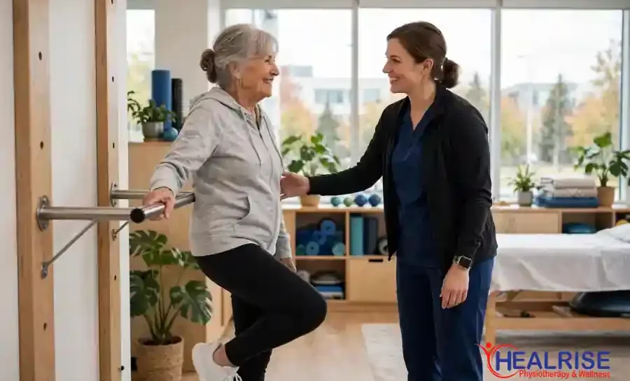 Physiotherapy for seniors in Morinville: balance training with a physiotherapist at Healrise