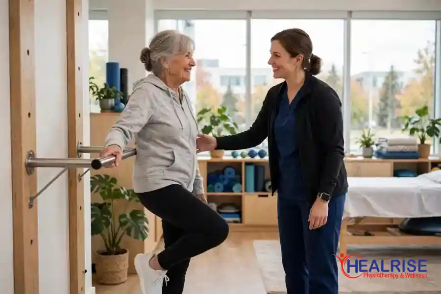 Physiotherapy for seniors in Morinville: balance training with a physiotherapist at Healrise