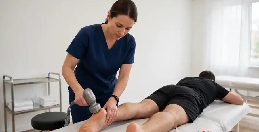 Shockwave therapy in Morinville, physiotherapist applying radial shockwave device to a patient's heel at Healrise