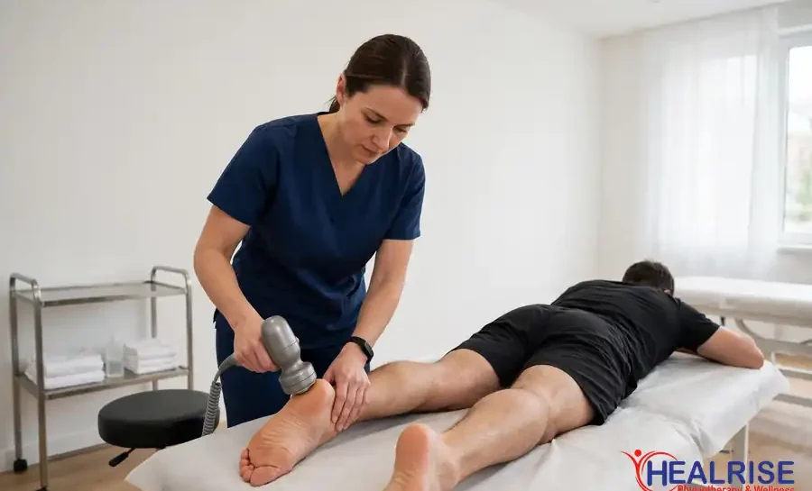 Shockwave therapy in Morinville, physiotherapist applying radial shockwave device to a patient's heel at Healrise