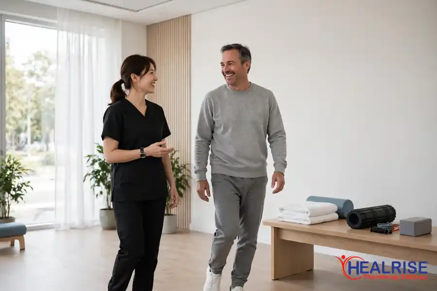 Patient walking pain free during a follow up visit after shockwave therapy at Healrise Physiotherapy