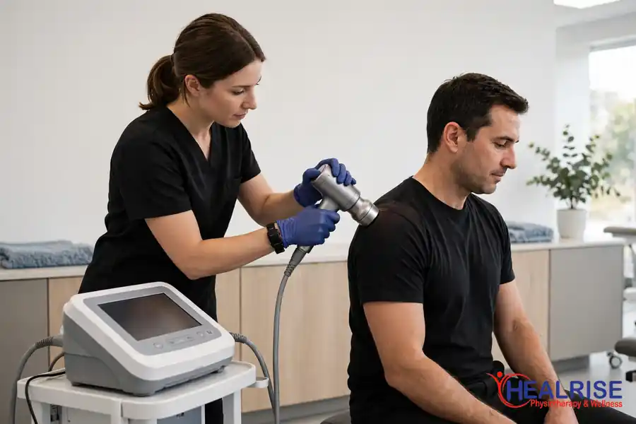 Physiotherapist applying shockwave therapy to a patient's shoulder at Healrise Physiotherapy