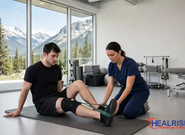 sports injury physiotherapy in Morinville athlete rehabbing knee injury with physiotherapist at Healrise clinic gym