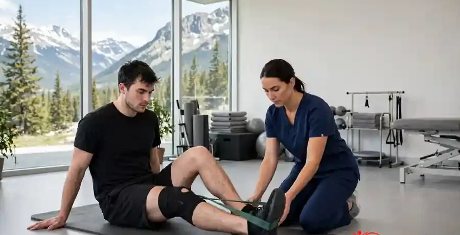 sports-rehab-featured-v2-logo sports injury physiotherapy in Morinville athlete rehabbing knee injury with physiotherapist at Healrise clinic gym
