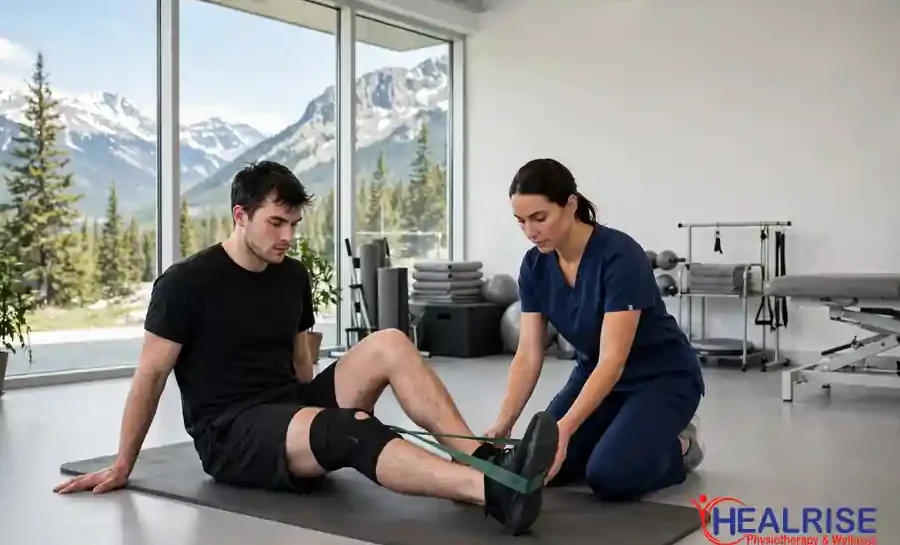 sports injury physiotherapy in Morinville athlete rehabbing knee injury with physiotherapist at Healrise clinic gym