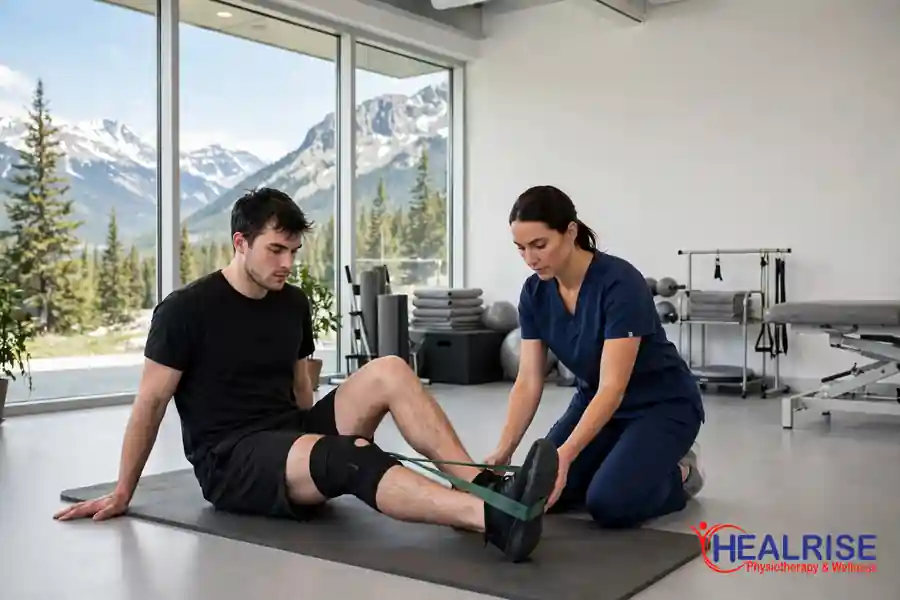 sports injury physiotherapy in Morinville athlete rehabbing knee injury with physiotherapist at Healrise clinic gym