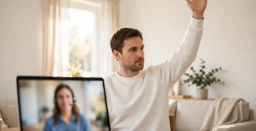 Virtual physiotherapy in Alberta video visit with patient doing guided shoulder exercise at home