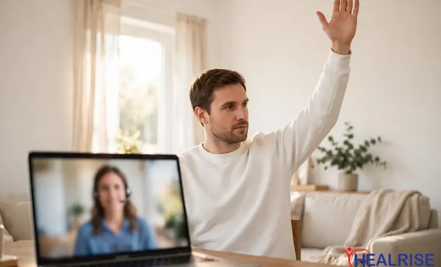 Virtual physiotherapy in Alberta video visit with patient doing guided shoulder exercise at home