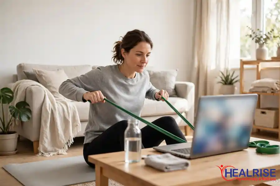 Patient doing home exercises in living room while following virtual physiotherapy session on laptop