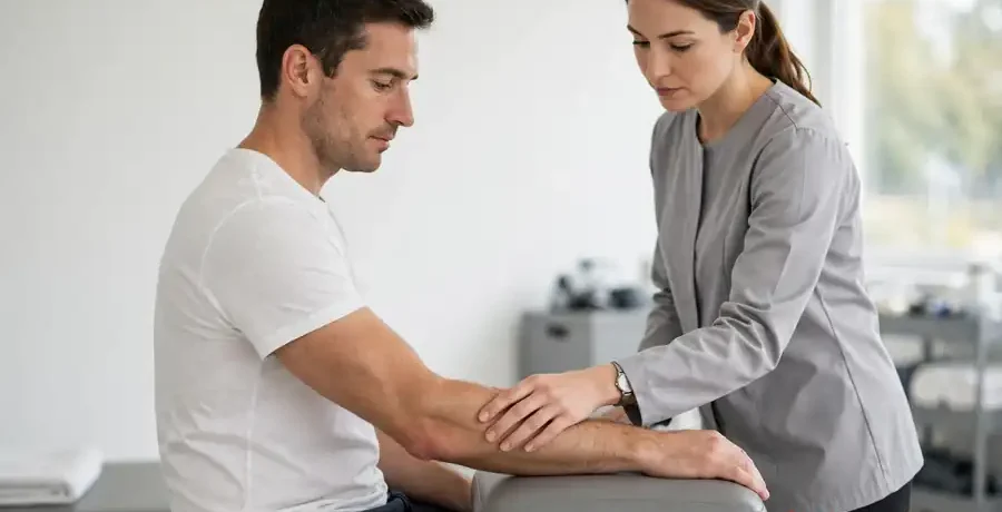 Tennis elbow physiotherapy in Morinville, physiotherapist examining a patient's elbow
