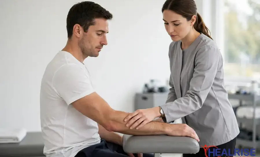Tennis elbow physiotherapy in Morinville, physiotherapist examining a patient's elbow