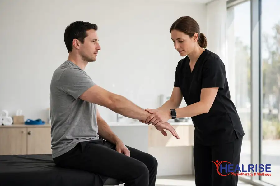 Physiotherapist guiding a wrist extensor stretch for tennis elbow recovery