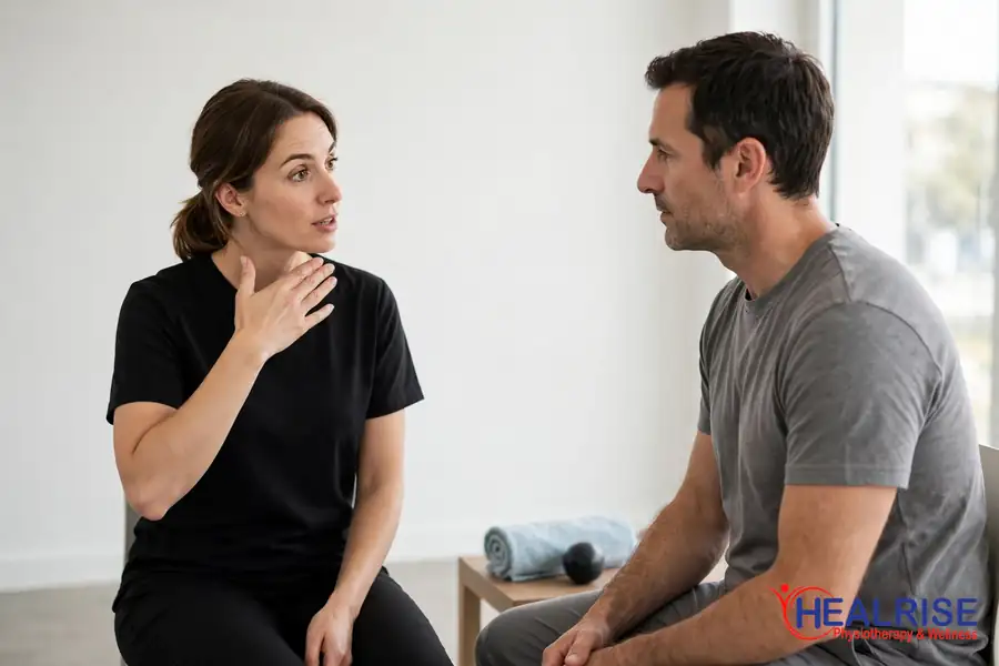 Physiotherapist explaining posture and habit tips for jaw pain relief