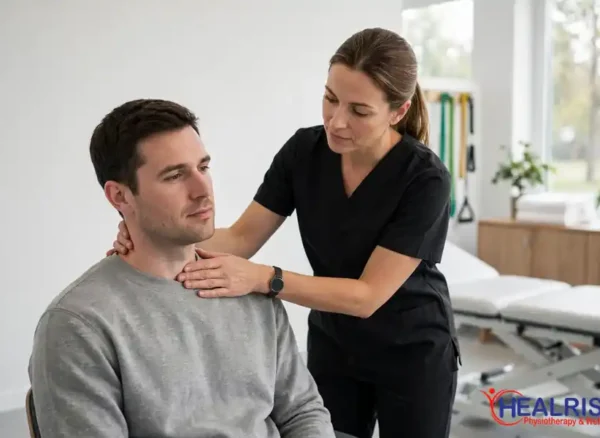 Whiplash physiotherapy in Morinville: physiotherapist gently assessing a patient's neck after a car accident at Healrise.