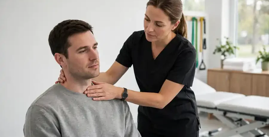 Whiplash physiotherapy in Morinville: physiotherapist gently assessing a patient's neck after a car accident at Healrise.
