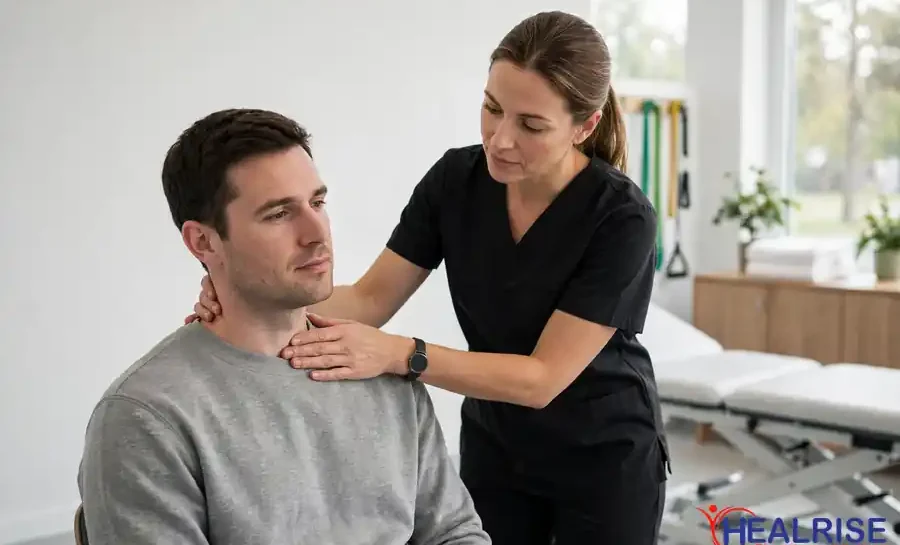 Whiplash physiotherapy in Morinville: physiotherapist gently assessing a patient's neck after a car accident at Healrise.