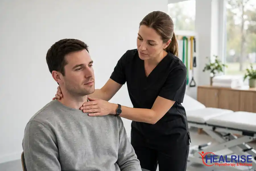 Whiplash physiotherapy in Morinville: physiotherapist gently assessing a patient's neck after a car accident at Healrise.