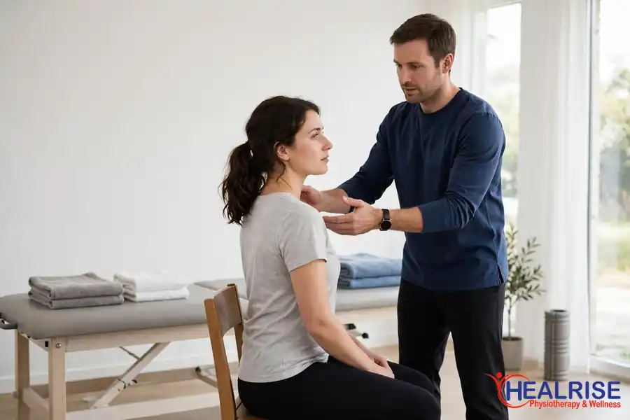 Patient doing gentle neck mobility exercises with a physiotherapist in Morinville.