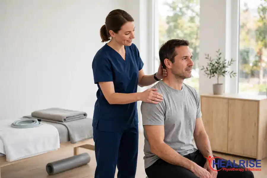 Physiotherapist guiding gentle neck mobility exercises during whiplash physiotherapy in Morinville